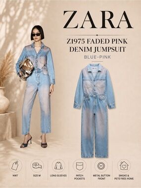 Zara Blue Pink Z1975 Faded Denim Jumpsuit Size M NWT Long Sleeve Worker Jumpsuit